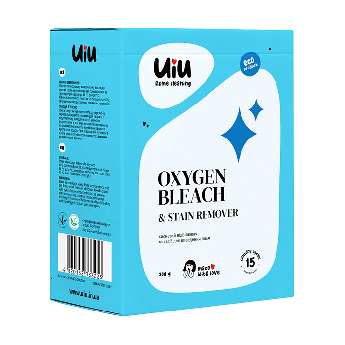 Засіб для виведення плям та кисневий відбілювач UIU Oxygen Bleach &amp; Stain Remover, 15 циклів прання, 300 г